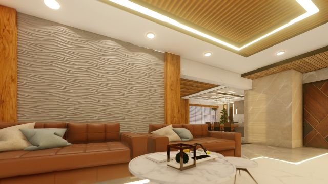 Contemporary Office waiting area with statue